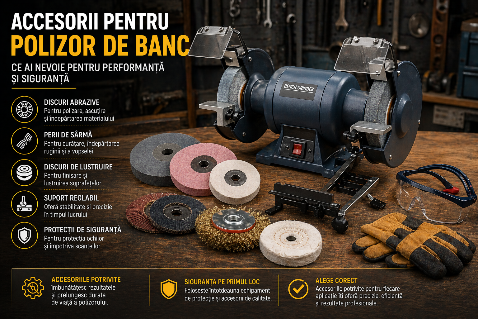 Accesorii pentru polizor de banc – ce ai nevoie pentru performanță și siguranță