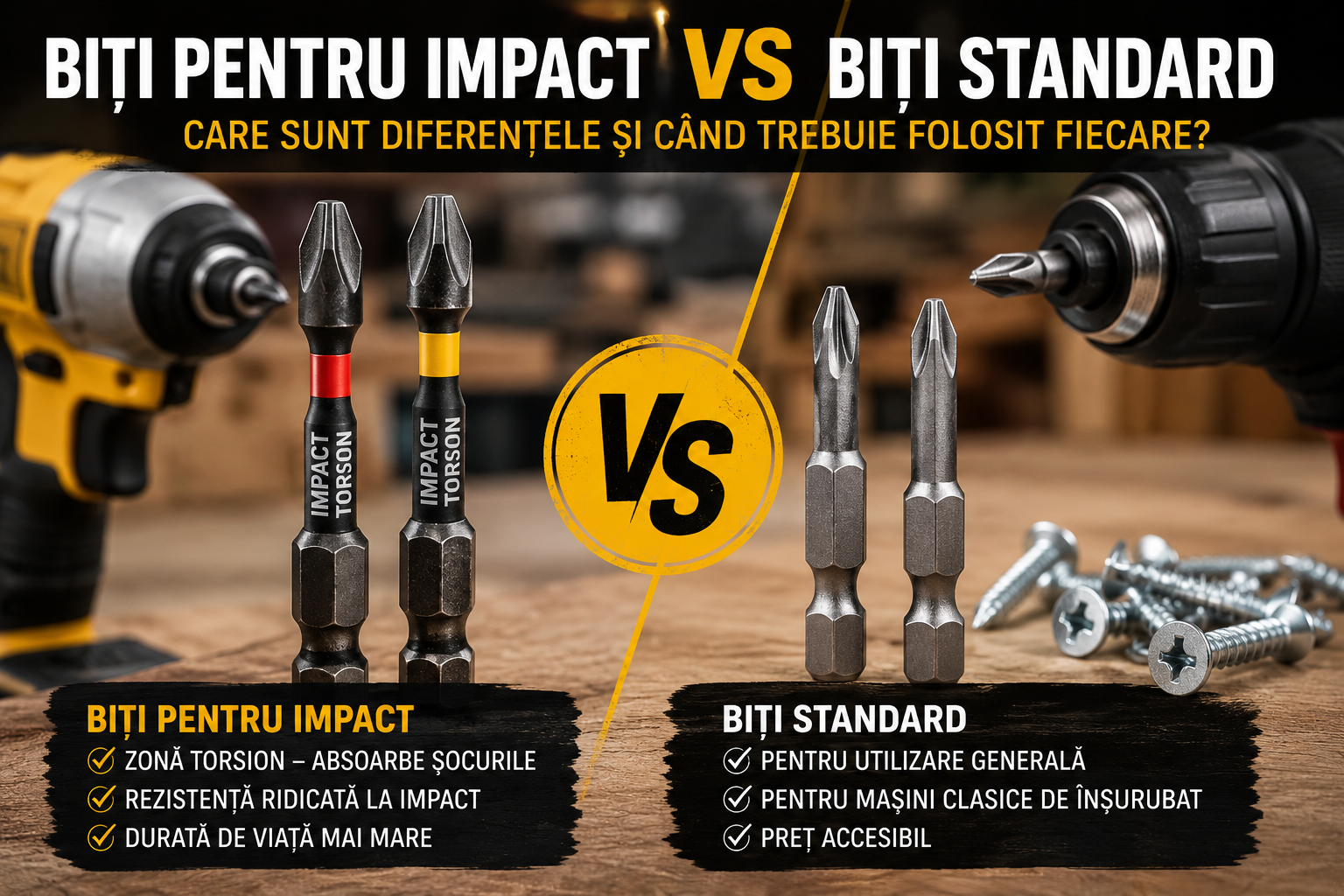 Biți pentru mașini de înșurubat cu impact vs biți standard – care sunt diferențele și când trebuie folosit fiecare?