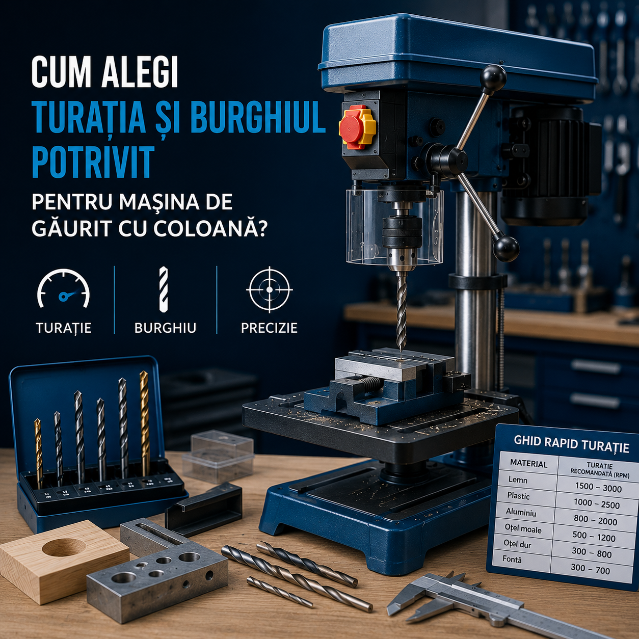 Cum alegi turația și burghiul potrivit pentru o mașină de găurit cu coloană?
