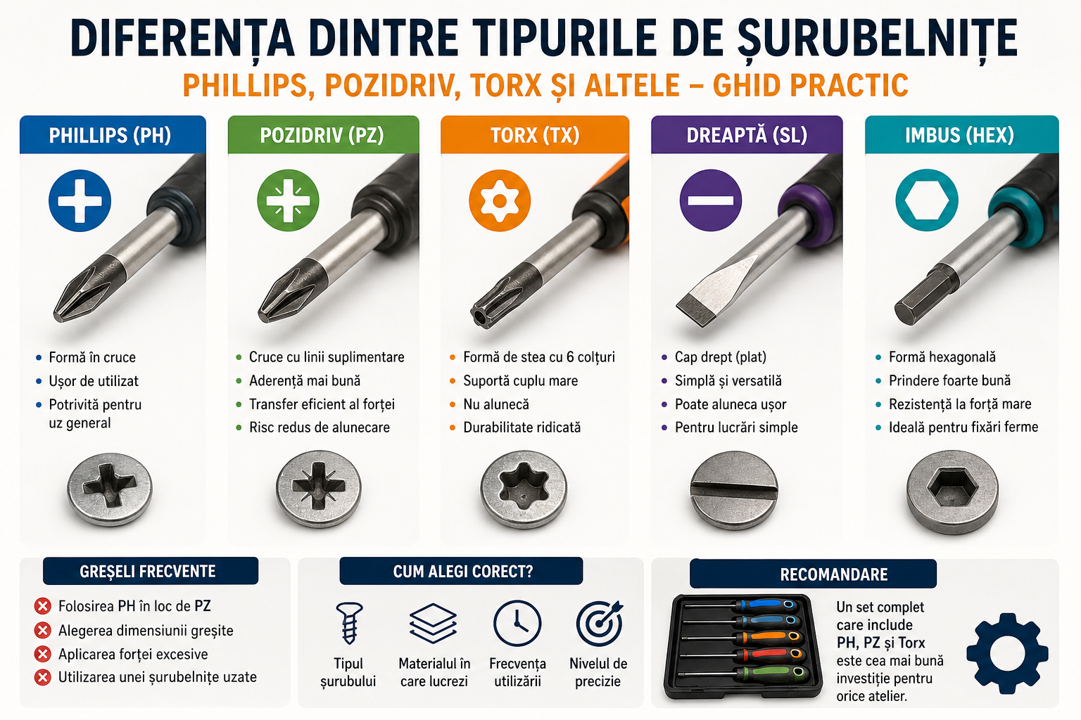 Diferența dintre șurubelnițele Phillips, Pozidriv, Torx și altele – ghid practic