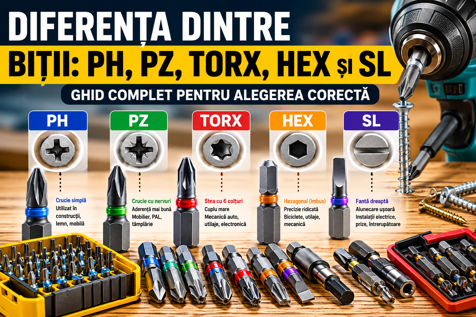 Diferența dintre biții PH, PZ, TORX, HEX și SL – ghid complet pentru alegerea corectă a bitului
