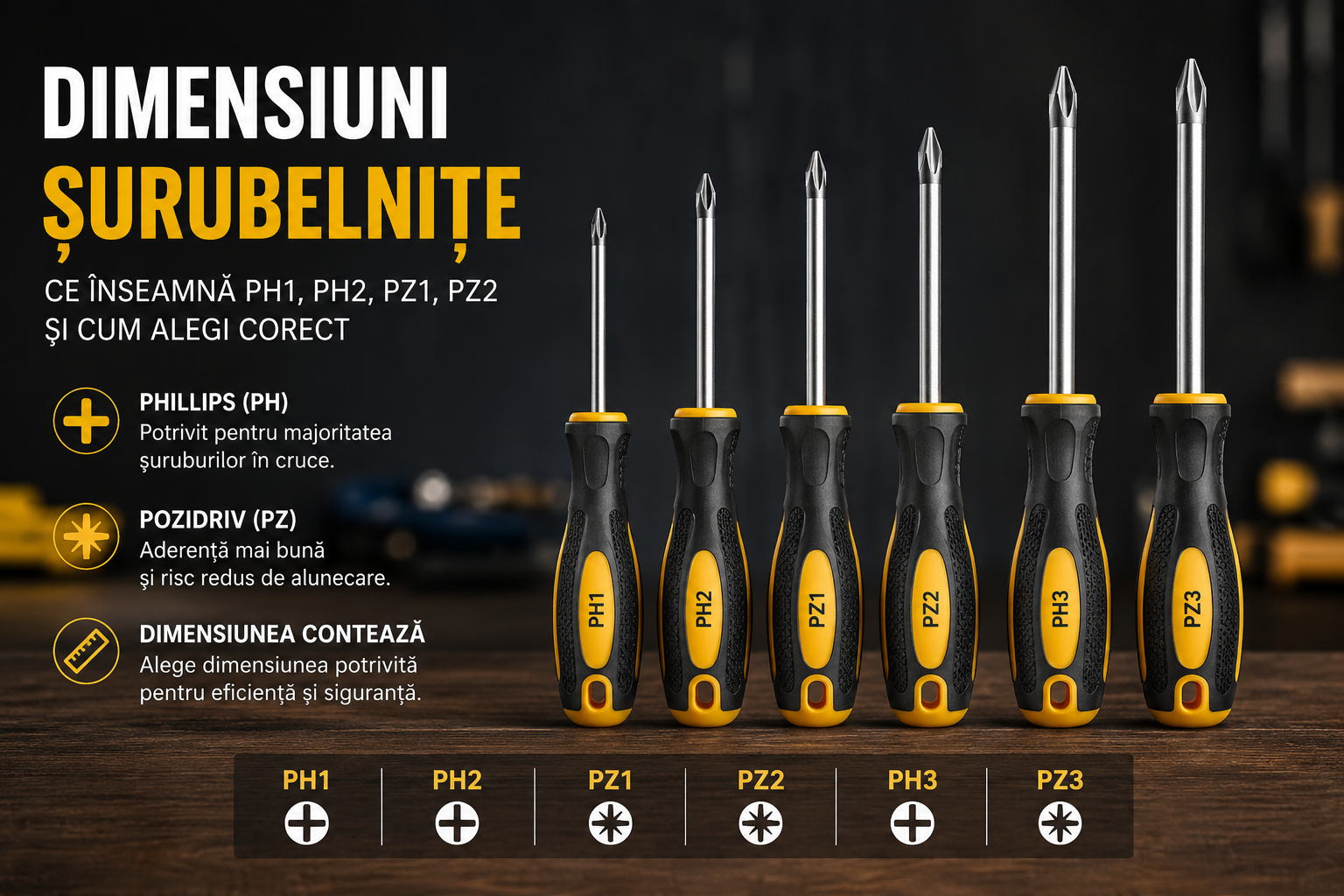 Dimensiuni șurubelnițe – ce înseamnă PH1, PH2, PZ1, PZ2 și cum alegi corect