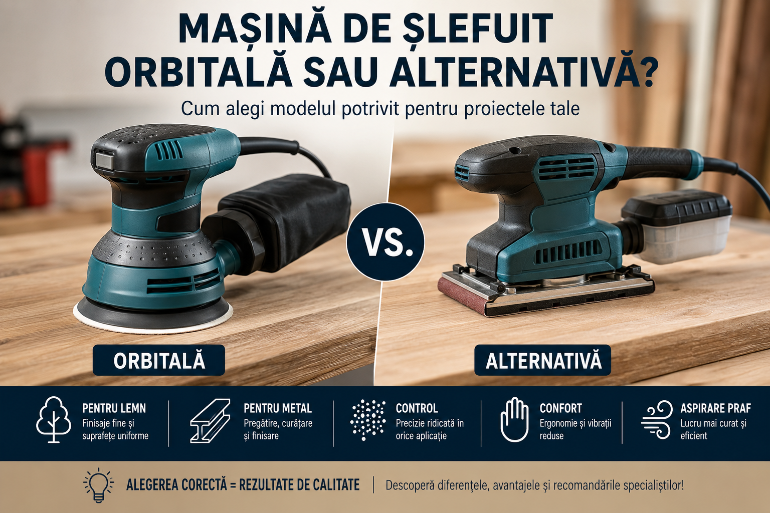 Mașină de șlefuit orbitală sau alternativă? Diferențe, avantaje și cum alegi modelul potrivit pentru fiecare aplicație
