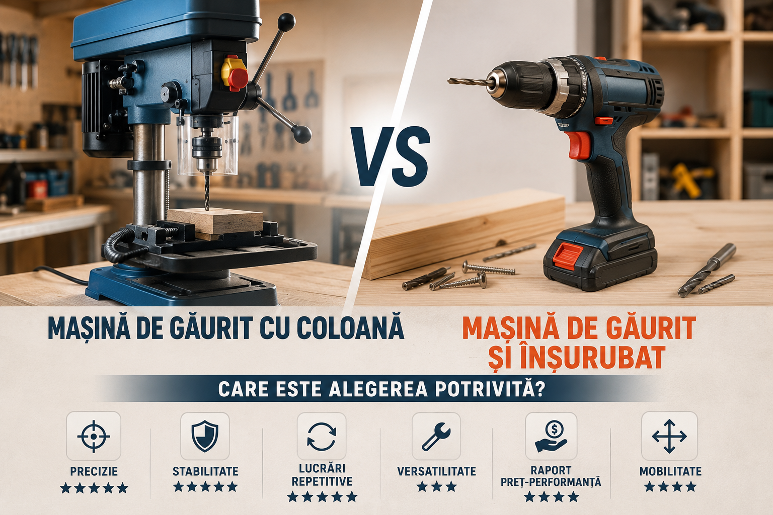 Mașină de găurit cu coloană vs. mașină de găurit și înșurubat: care este alegerea potrivită?