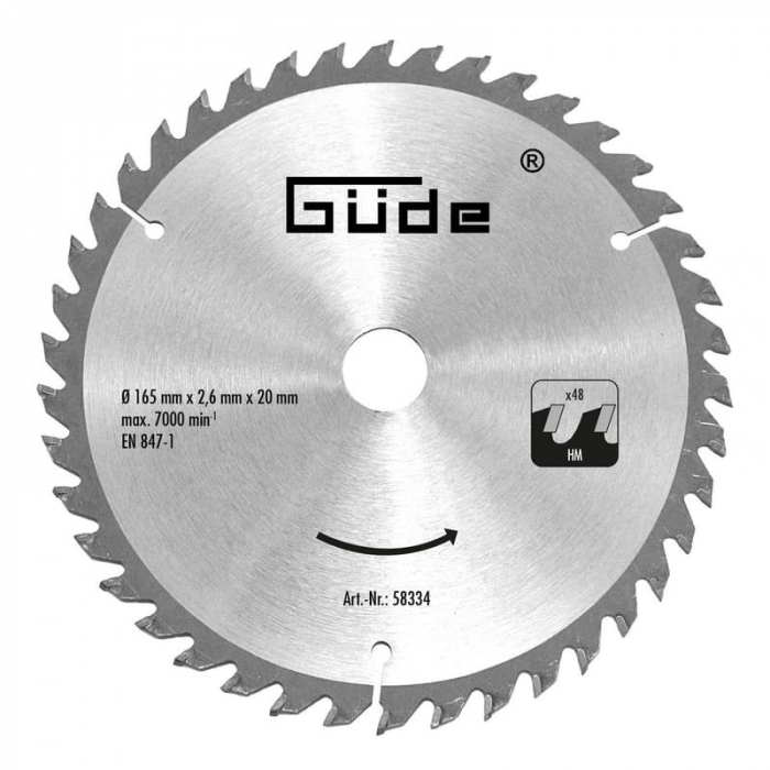 Disc pentru fierastrau circular, taiere lemn Guede GUDE58334, Ø165x20 mm, 48 dinti [1]
