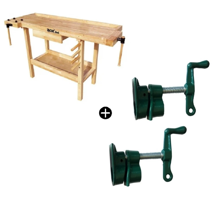 Banc de lucru pentru tamplarie ROX Wood X0110, 1500 x 500 x 860 mm + 2 x Menghina tamplarie extensibila Troy 25049