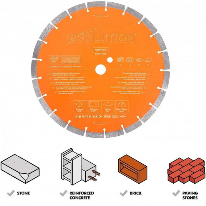 Disc diamantat segmentat pentru zidarie, beton si piatra naturala Evolution PD300SEG-CS, Ø300x22.2 mm, 21 dinti [3]