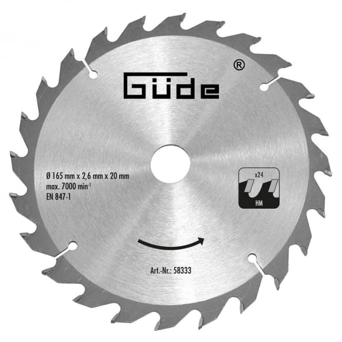 Disc pentru fierastrau circular, taiere lemn Guede GUDE58333, Ø165x20 mm, 24 dinti [1]