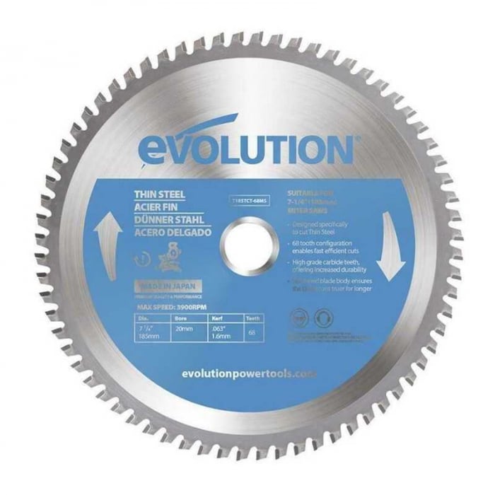 Disc pentru fierastrau circular, taiere otel subtire Evolution T185TCT-68MS, O185 x 20 mm, 68 dinti