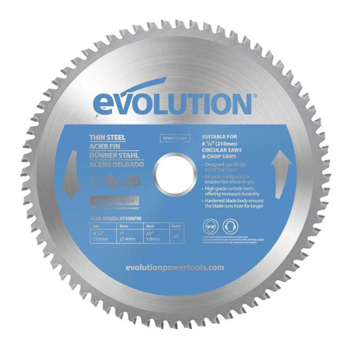 Disc pentru fierastrau circular, taiere otel subtire Evolution T210TCT-68CS, O210 x 25.4 mm, 68 dinti