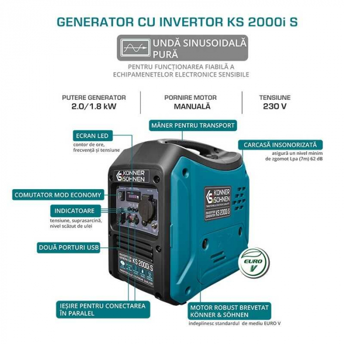Generator de curent pe benzina cu invertor KS 2000i S Konner-Sohnen, 1800-2000 W, 2.5 Cp [10]