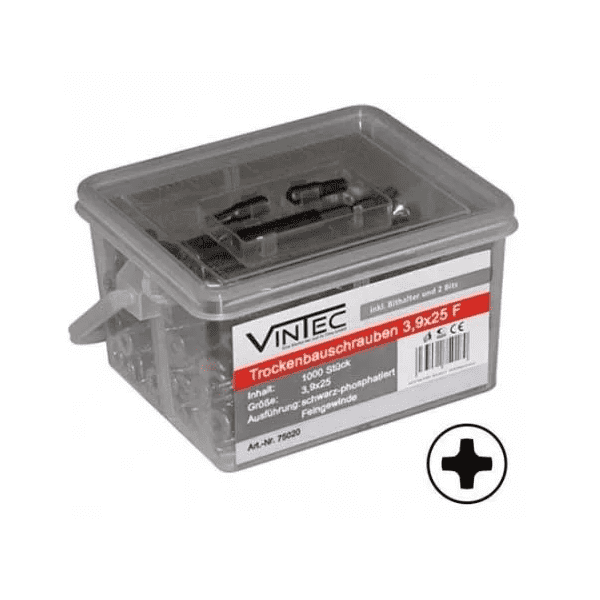 Set suruburi cu cap in cruce, plat pentru gips-carton Vintec 75020, O3.9x25 mm, 1000 bucati