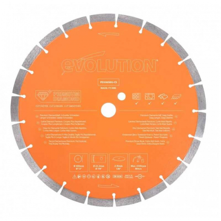Discuri Multifunctionale - Disc diamantat segmentat pentru zidarie, beton si piatra naturala Evolution PD300SEG-CS, Ø300x22.2 mm, 21 dinti