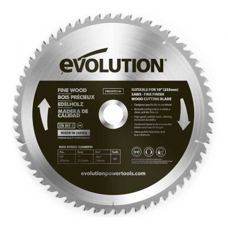 Discuri Taiere Lemn - Disc pentru fierastrau circular, taiere lemn Evolution FW255TCT-60, Ø255x25.4 mm, 60 dinti