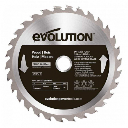 Disc pentru fierastrau circular, taiere lemn Evolution GW180TCT-30, Ø180x20 mm, 30 dinti