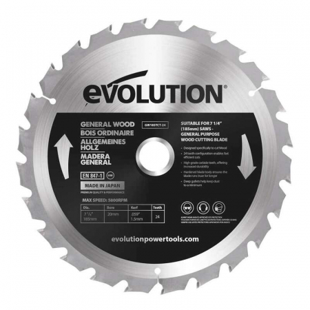 Disc pentru fierastrau circular, taiere lemn Evolution GW185TCT-24, Ø185 x 20 mm, 24 dinti