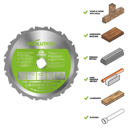 Disc pentru fierastrau circular, taiere multifunctionala Evolution EVOF165TCT-14CS, Ø165 x 20 mm, 14 dinti [1]