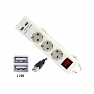 Prelungitor electric cu 3 prize si 2 porturi USB Troy 24023, 1.4 m [1]