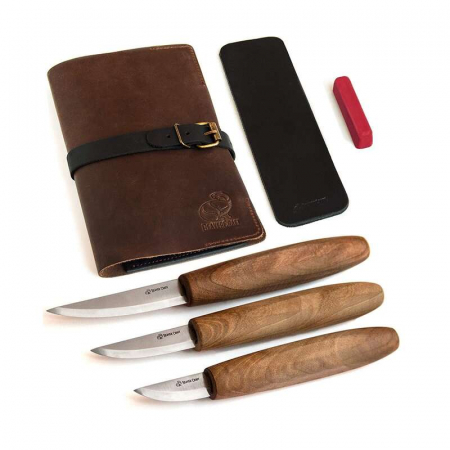 Cutite sculptura lemn - Set de sculptura in lemn BeaverCraft S19X, 5 piese, plus husa din piele