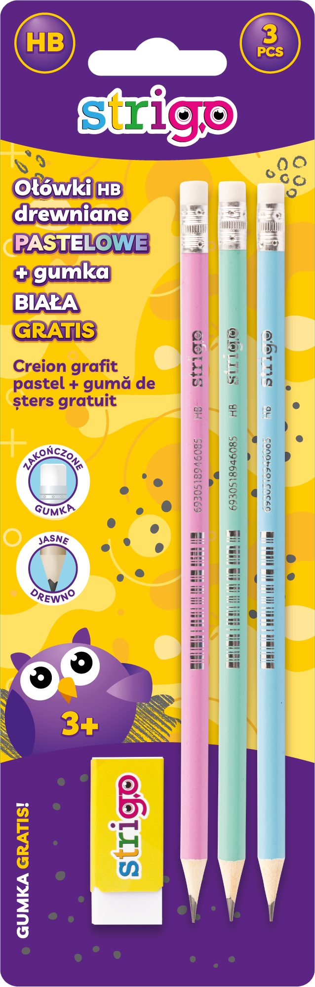 Vârsta - Strigo Set 3 creioane HB pastel+guma de sters, in blister