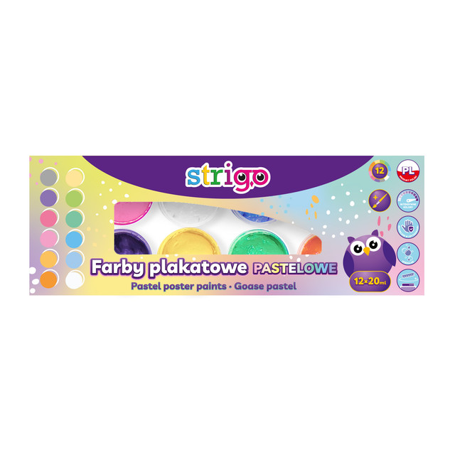 Vârsta - Strigo Acuarele guase Pastel in borcanel, 12 culori x 20 ml, cu pensula.