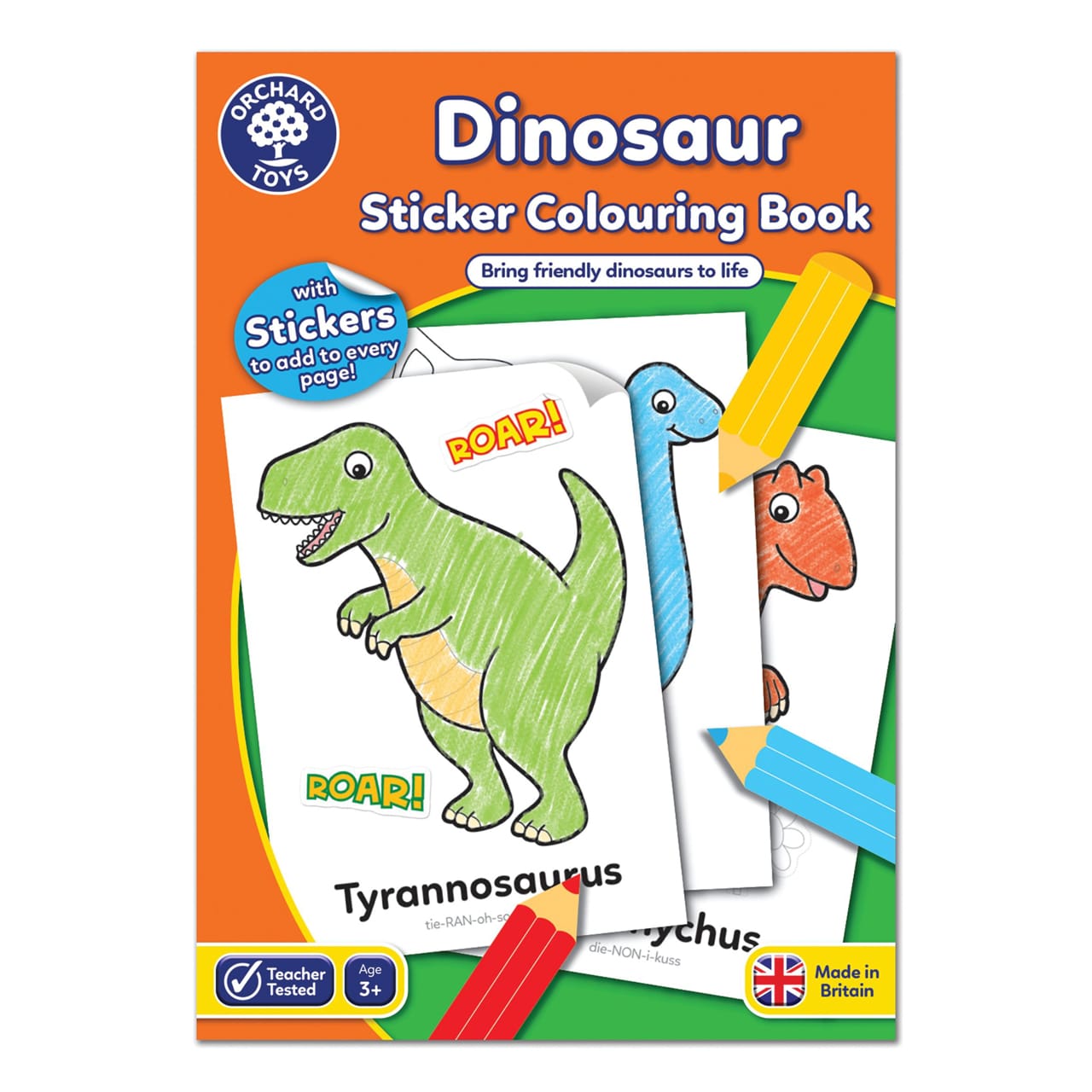 Dinozauri - Carte de colorat cu activitati in limba engleza si abtibilduri Dinozaur DINOSAUR, Orchard Toys, 2-3 ani +