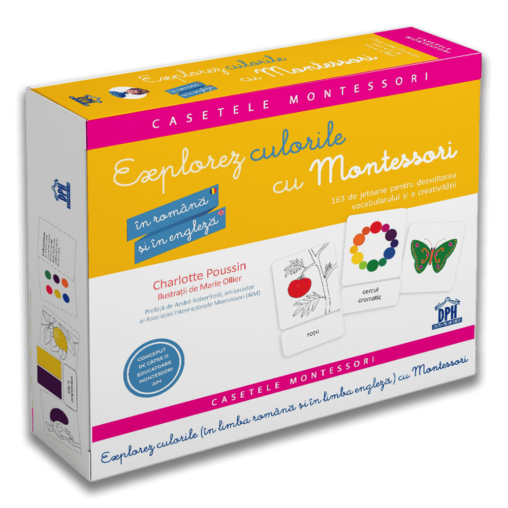 Jucarii copii 4-5 ani - Casetele Montessori - Explorez culorile cu Montessori - in romana si in engleza - 163 de jetoane pentru dezvoltarea vocabularului si a creativitatii, DPH, +3 ani