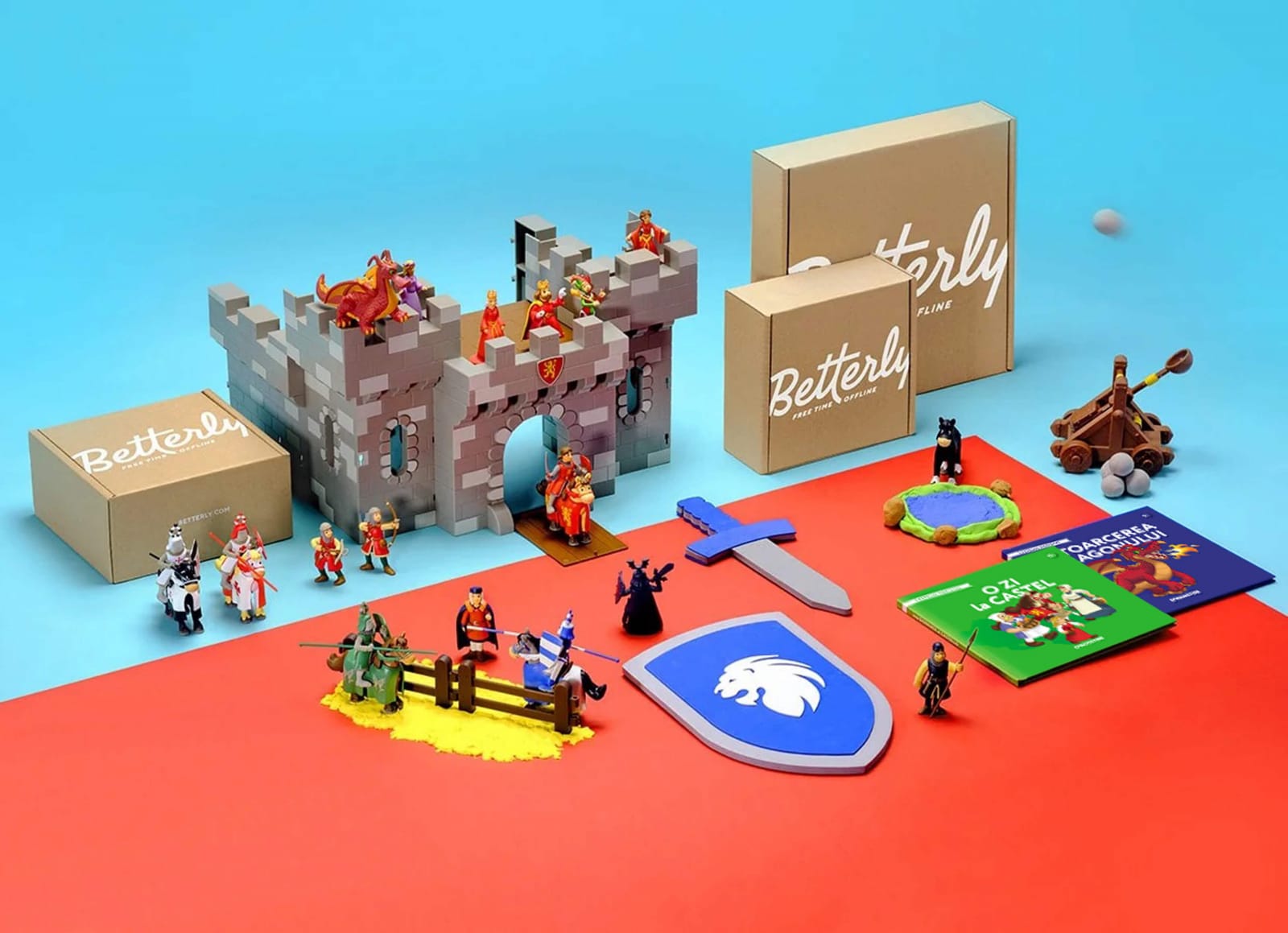 Colectia completa Castelul Medieval 20 de reviste impreuna cu 18 piese pentru construcția castelului; 12 figurine cu diverse personaje, 4 cai, o catapultă, un dragon, o costumație de cavaler (pelerin [4]