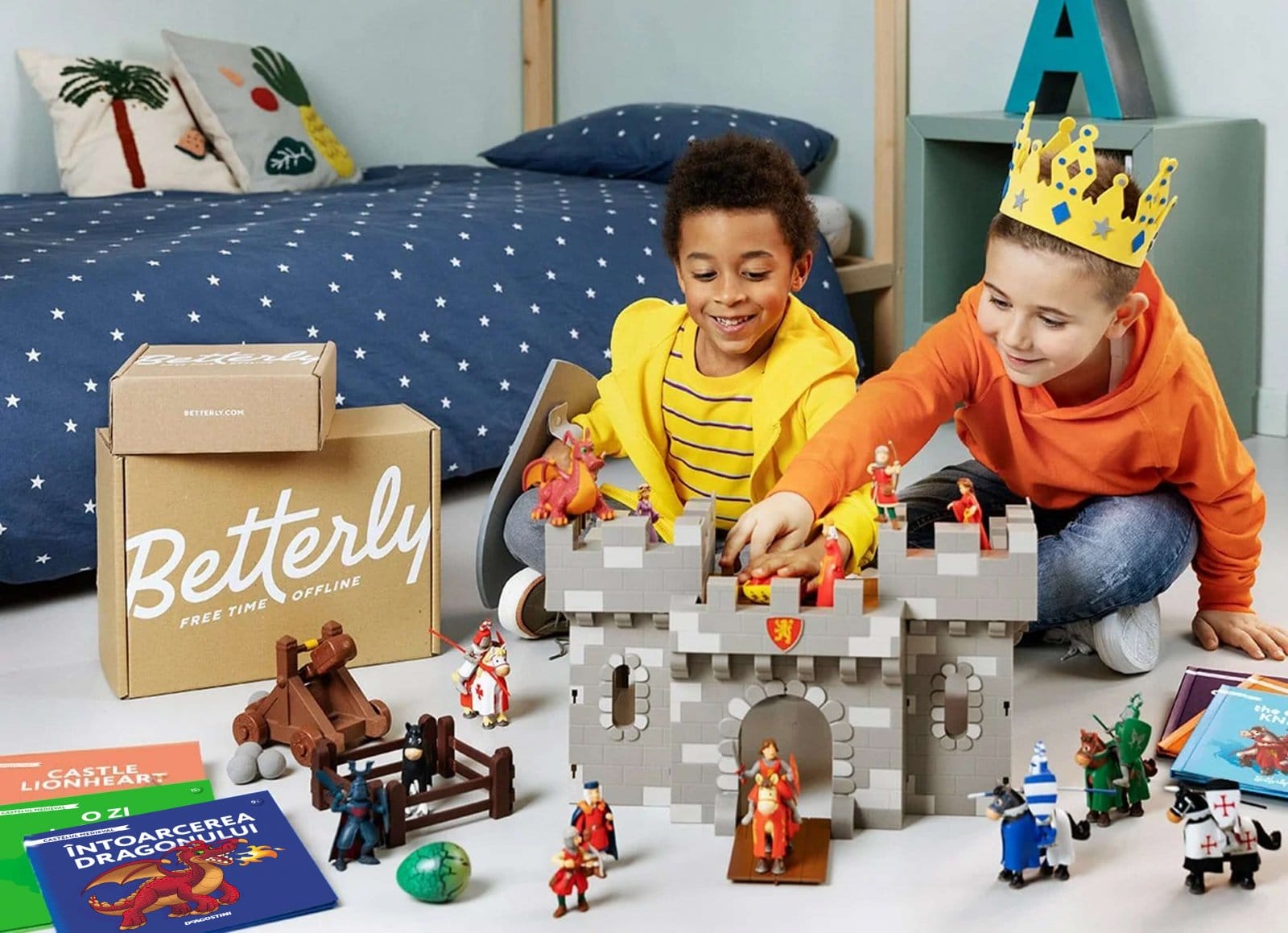 Colectia completa Castelul Medieval 20 de reviste impreuna cu 18 piese pentru construcția castelului; 12 figurine cu diverse personaje, 4 cai, o catapultă, un dragon, o costumație de cavaler (pelerin [1]