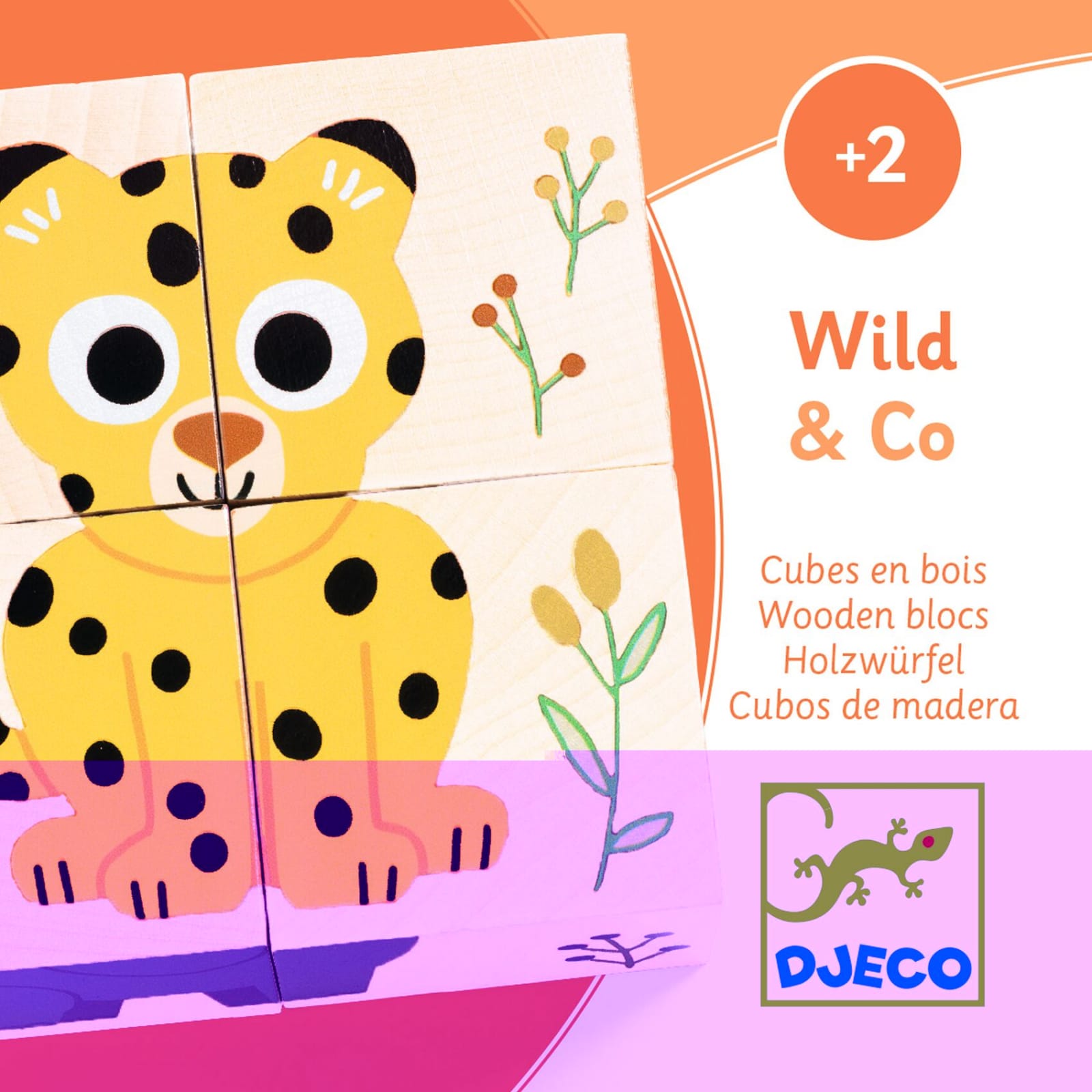 Cuburi din lemn Djeco, animale salbatice, 1-2 ani + [4]