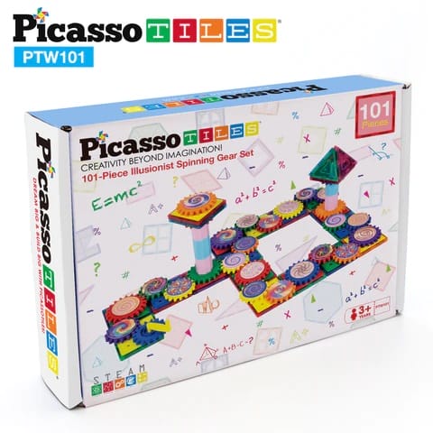 Seturi de construit - Picasso Tiles, 101 Piese Magnetice, Roti Dințate Iluzii Optice, +3 ani