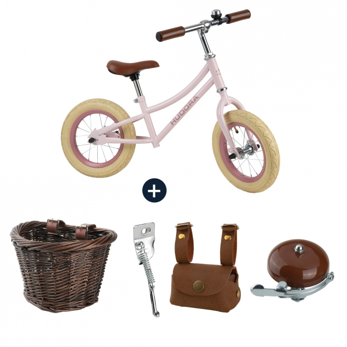 Bicicletă de echilibru retro roz cu cos, buzunar si claxon vintage, Hudora [2]