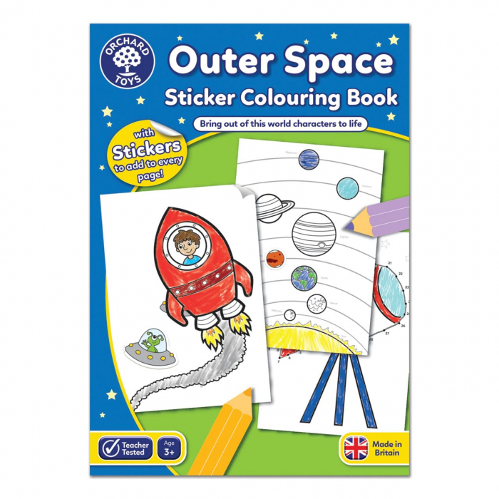 Carte de colorat cu activitati in limba engleza si abtibilduri In Spatiu OUTER SPACE, Orchard Toys, 2-3 ani + [2]