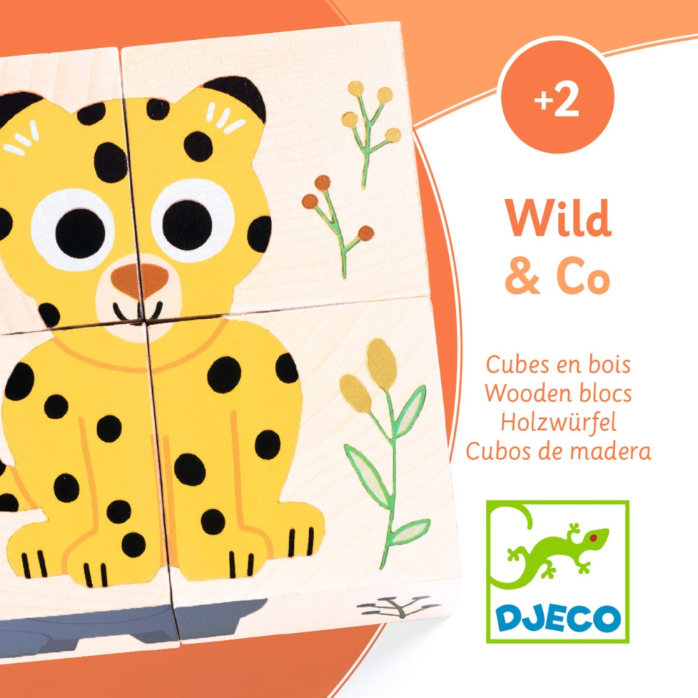 Cuburi din lemn Djeco, animale salbatice, 1-2 ani + [4]