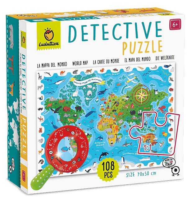 Puzzle Detectiv Harta Lumii cu Animale, 108 piese, +5 ani, Ludattica