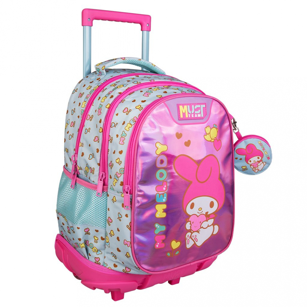 Ghiozdan scolar tip Troller, My Melody, 3 compartimente, 2 roti, 34x20x44 cm, MUST TEAM