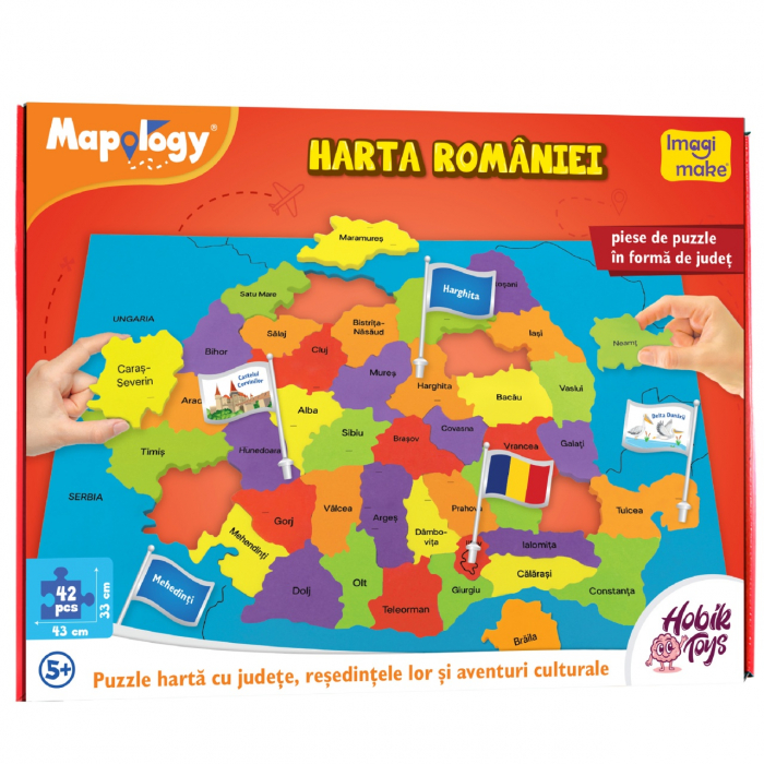 Harta Romaniei - Puzzle Judete, Resedinte si Obiective turistice, +8 ani