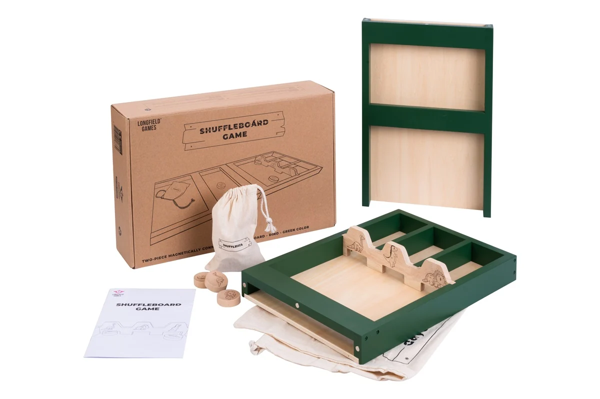 Joc olandez cu jetoane Sjoelen pentru copii, tematică dinozauri, cu săculeț de depozitare din bumbac, 80 cm [2]