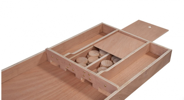 Joc olandez Sjoelen -varianta competitie nuanță deschisă, cu 30 de piese de joc Ø52 mm. [6]