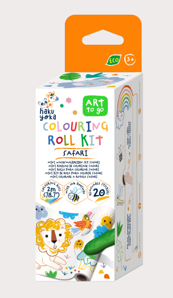 Kit rola de desenat - 2 m, include stickere si 4 creioane colorate cerate, Safari - Haku Yoka [1]
