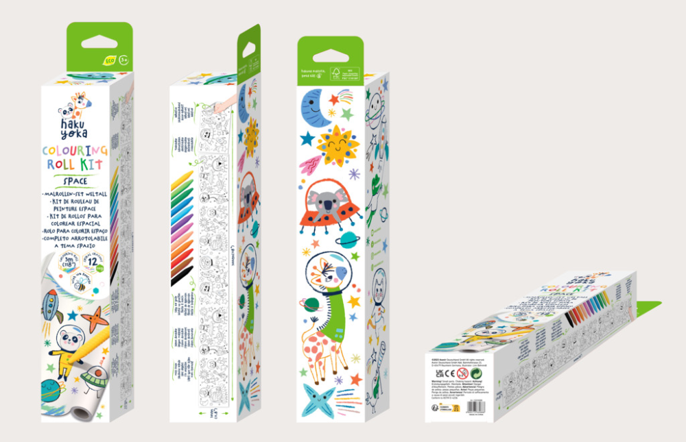 Kit rola de desenat autoadeziva - 3 m si 12 creioane colorate cerate, Spatiu - Haku Yoka [5]