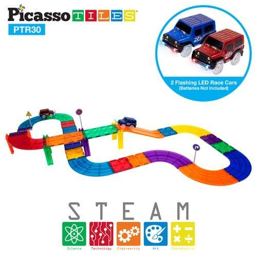 PicassoTiles, Pistă de curse, 30 de piese magnetice cu 2 masinuțe, + 3 ani [2]