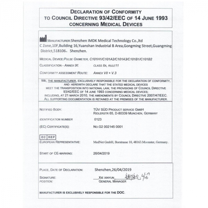 Pulsoximetru digital, Certificat Medical [6]