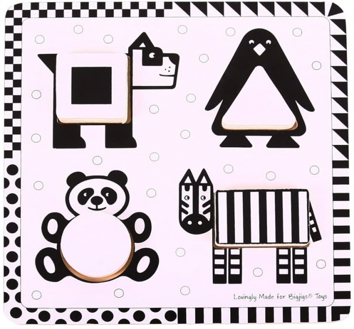 Puzzle alb-negru - animale si forme, BIGJIGS Toys, 1-2 ani + [2]