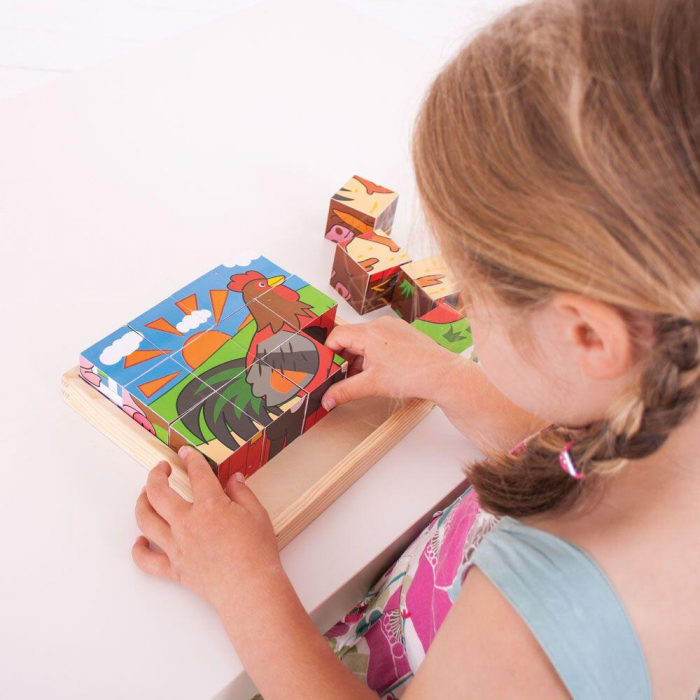 Puzzle cubic - Animalute de la ferma, BIGJIGS Toys, 1-2 ani + [7]