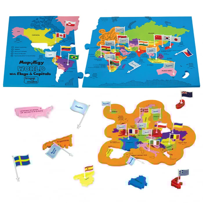 Puzzle Educativ din Spuma EVA - Harta Lumii cu Steaguri si Capitale, Imagimake, 5 ani+ [2]