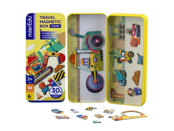 Puzzle magnetic in cutie metalica, joc de potrivire si asociere - Camioane [1]