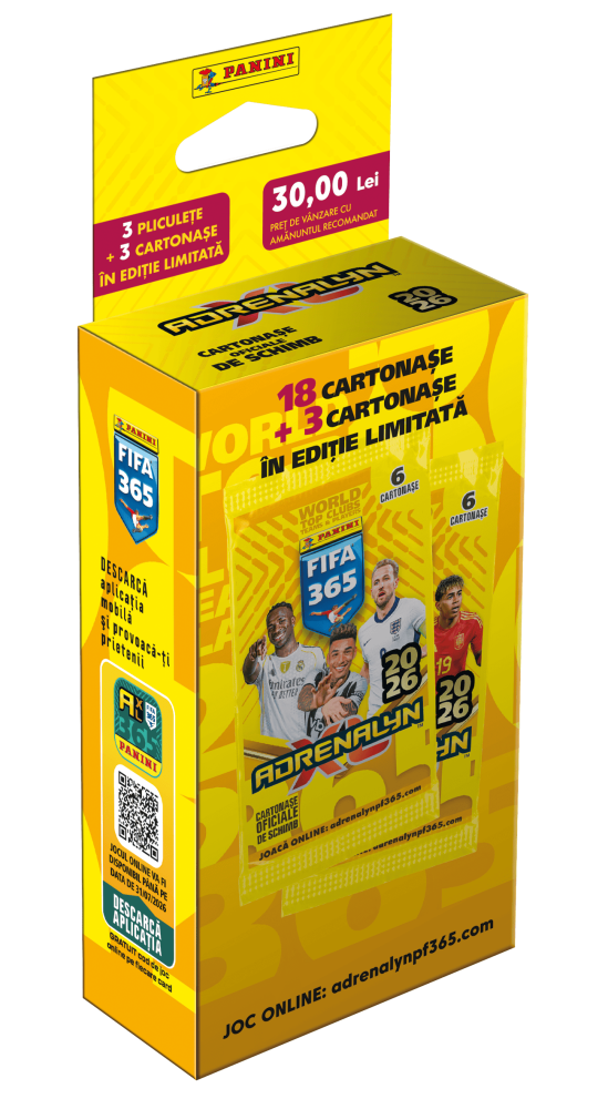 Set cartonase de schimb 3 pachete + 3 carduri limitate Panini, FIFA 365 Adrenalyne 2025-2026
