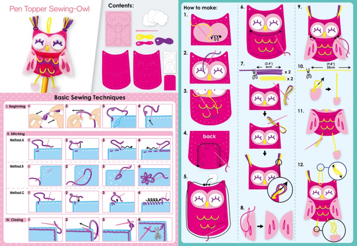 Set de cusut DIY - decoratiune topper pentru creion - Bufnita, + 5 ani [4]