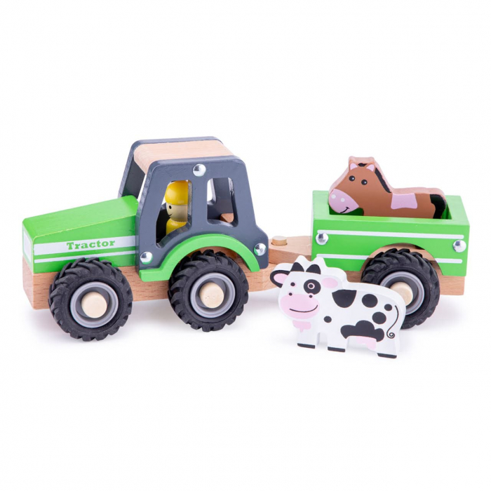 Tractor cu trailer si animale din lemn, New Classic Toys, 1-2 ani + [2]